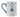 A white ceramic mug with a blue handle and blue decorative border, featuring an illustration of a ballerina surrounded by leaves and stars.