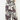A close-up of a person wearing wide-leg trousers with a bold floral print in gray, burgundy, navy, and cream, featuring a drawstring waistband.