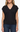 A woman wearing a black knit top with cap sleeves, a V-neck, and textured ribbing details, paired with dark blue jeans against a plain white background.