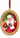 Oval Christmas ornament featuring a painted portrait of Santa Claus pointing forward, with a gold-toned frame and a brown hanging ribbon on a white background.
