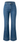 Medium wash blue denim flare jeans with a straight waistband and wide flared legs, shown on a plain white background.
