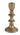 A single candlestick holder with a distressed antique brass finish, featuring a tiered design and a circular base, isolated on a white background.